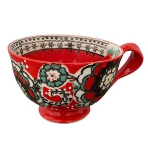 Anthropologie Elka Twisted Handle Red Floral Footed Coffee Tea Pedestal Mug Cup